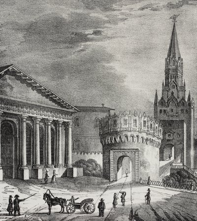 Troitskaya torony kapuja (Trinity Tower), Kreml, Moszkva, Oroszország, Salvatore Puglia litográfiája a Poliorama Pittorescoból, január 7. 22. alkotó: Salvatore Puglia