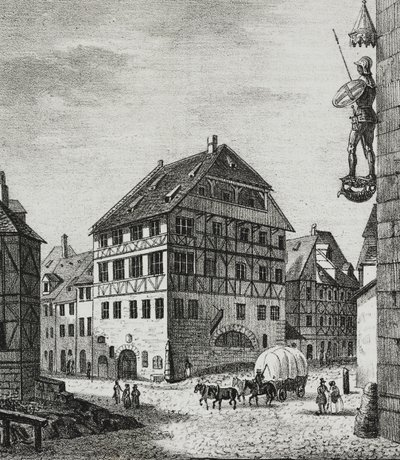 Albrecht Durer (1471-1528) háza Nürnbergben, Németországban, Salvatore Puglia litográfiája a Poliorama Pittoresco-ból, március 12., 31. alkotó: Salvatore Puglia