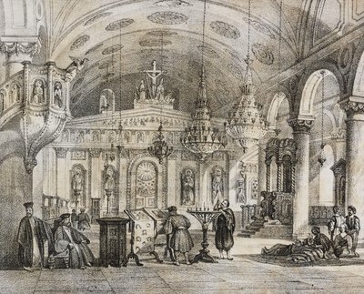 Baloukli görög templom belseje, Konstantinápoly közelében, Törökország, Salvatore Puglia litográfiája a Poliorama Pittorescoból, n. 28, február 15. alkotó: Salvatore Puglia
