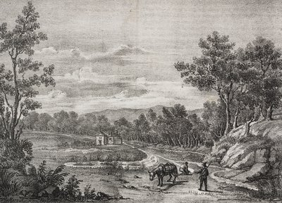 Ásványvízforrások Acerra erdőjében, Campania, Olaszország, Salvatore Puglia litográfiája a Poliorama Pittorescoból, 5. szám, szeptember 7. alkotó: Salvatore Puglia