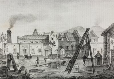 Királyi mechanikai gyár (Royal Mechanical Factory) Pietrarsában, Campania, Olaszország, Gaetano Riccio litográfiája a Poliorama Pittoresco-tól, n. 39, május 7. alkotó: Salvatore Puglia