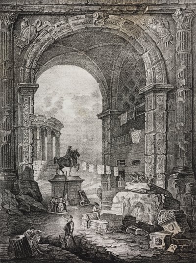 Római romok, Hubert Robert (1733-1808) festménye, Salvatore Puglia litográfiája a Poliorama Pittorescoból, n. 28, február 17. alkotó: Salvatore Puglia