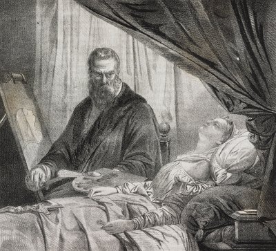 Tintoretto halott lányát festi, Salvatore Puglia litográfiája a Poliorama Pittorescoból, n. 27, február 10. alkotó: Salvatore Puglia