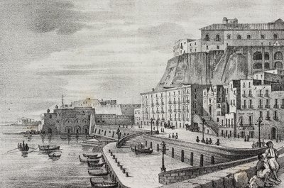 Borgo Santa Lucia látképe, Nápoly, Campania, Olaszország, Salvatore Puglia litográfiája a Poliorama Pittorescoból, n. 36, április 15. alkotó: Salvatore Puglia
