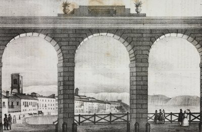 Chieti látképe a Piazza Grande-ról, Olaszország, Salvatore Puglia litográfiája a Poliorama Pittoresco-ból, n 2, augusztus 21. alkotó: Salvatore Puglia