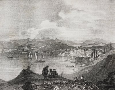 Korfu kilátása az Oliveto-hegyről, Jón-szigetek, Görögország, Salvatore Puglia litográfiája a Poliorama Pittorescoból, január 25. n. 25. alkotó: Salvatore Puglia