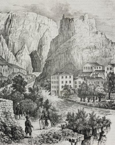 Fontaine-de-Vaucluse (Franciaország) látképe, Sardi litográfiája, Poliorama Pittoresco, 51. szám, július 30. alkotó: Salvatore Puglia