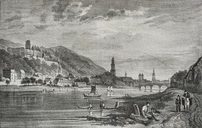 Kilátás Heidelbergre, Németország, Salvatore Puglia litográfiája a Poliorama Pittorescoból, n. 28, február 19. alkotó: Salvatore Puglia