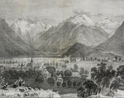 Interlaken, Svájc látképe, Salvatore Puglia litográfiája a Poliorama Pittorescoból, n. 36, április 16. alkotó: Salvatore Puglia
