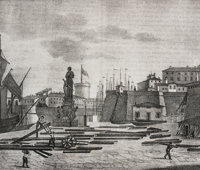 Kilátás a Livornói dokkról, Toszkána, Olaszország, Salvatore Puglia litográfiája, Poliorama Pittoresco, n. 38, április 26. alkotó: Salvatore Puglia