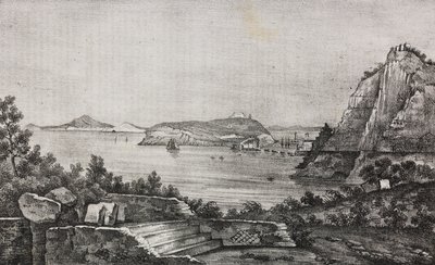 Posillipo kilátása a monsignor Di Pietro teraszáról, Campania, Olaszország, Salvatore Puglia litográfiája a Poliorama Pittoresco-ból, n 32, március 16. alkotó: Salvatore Puglia