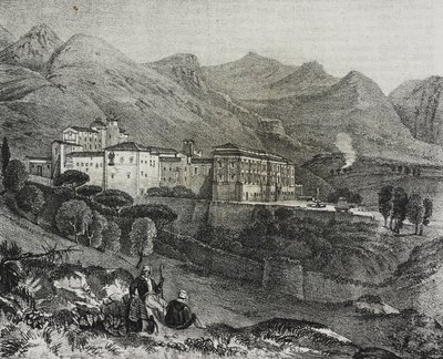 Kilátás a San Martino delle Scale kolostorra Palermo közelében, Szicília, Olaszország, Salvatore Puglia litográfiája a Poliorama Pittorescoból, n. 47, július 2. alkotó: Salvatore Puglia