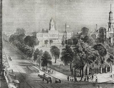 Kilátás a parkra és a New York-i városházára, Amerikai Egyesült Államok, Salvatore Puglia litográfiája a Poliorama Pittorescoból, január 22. 24. alkotó: Salvatore Puglia