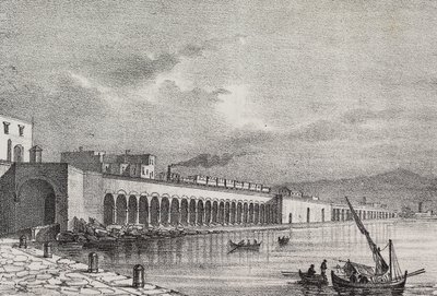 Kilátás a vasútra Torre Annunziatában, Campania, Olaszország, Gaetano Riccio litográfiája a Poliorama Pittorescoból, december 31. n. 21. alkotó: Salvatore Puglia