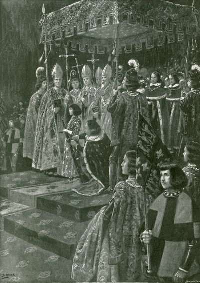 A sarkantyú és a kard átadása VI. Henrik koronázásakor (litográfia) alkotó: Samuel (after) Begg