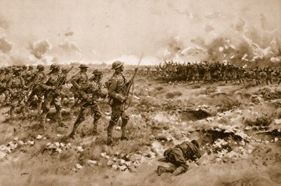 Utolsó reményük: a demoralizált német katonák kegyelmet kérnek az előrenyomuló brit csapatoktól (litho) alkotó: Samuel (after) Begg