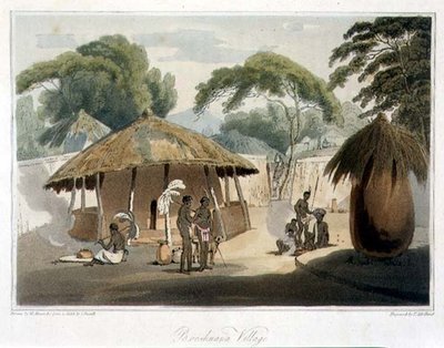 Booshuana Village, John Barrow (1764-1848) „Utazás Cochinchinába” című művének 18. táblája, William Alexander (1767-1816) rajza, Thomas Medland (1755-1823) metszete, 1806 (akvatinta) alkotó: Samuel (after) Daniell