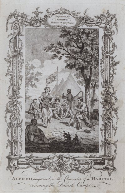 Alfred, a Harper karakterébe álcázva, a dán tábort nézi (metszet) alkotó: Samuel (after) Wale