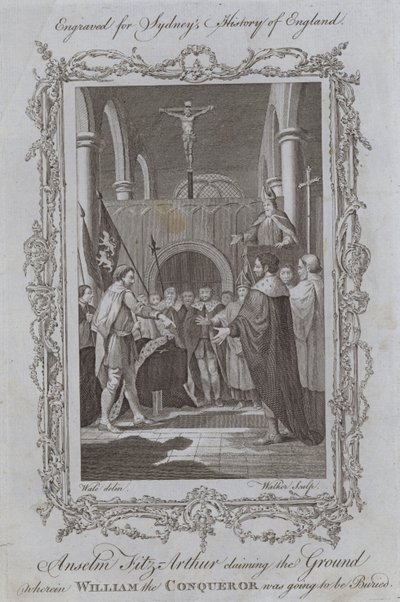 Anselm Fitz-Arthur igényt tart arra a földre, ahol Hódító Vilmost el fogják temetni (metszet) alkotó: Samuel (after) Wale