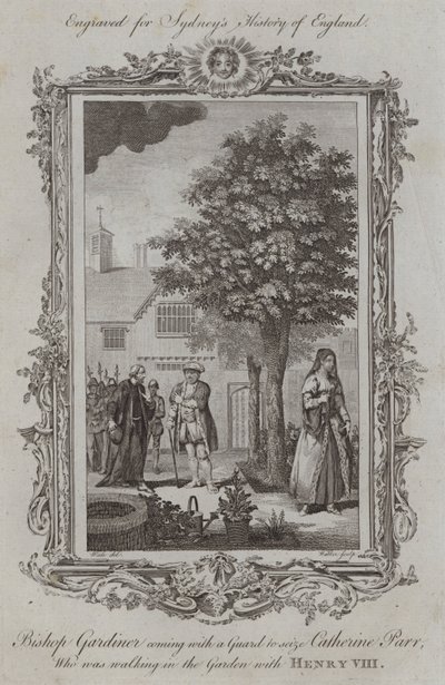 Gardiner püspök egy őrrel jön, hogy megragadja Catherine Parrt, aki VIII. Henrikkel sétált a kertben (metszet) alkotó: Samuel (after) Wale