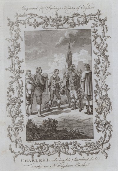 I. Károly elrendeli, hogy állítsák fel Standardját a Nottingham kastélyban (metszet) alkotó: Samuel (after) Wale