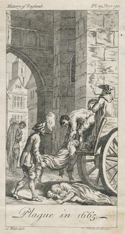 Pestis áldozatok gyűjtése, Holywell Lane, Shoreditch, London, Egyesült Királyság (metszet) alkotó: Samuel (after) Wale