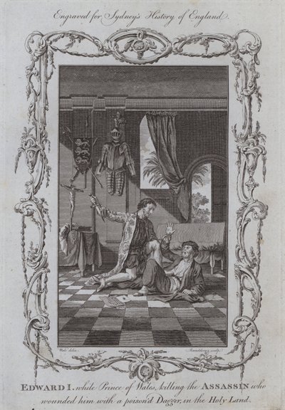 I. Edward, miközben a walesi herceg megöli az őt mérgezett tőrrel megsebesítő bérgyilkost a Szentföldön (metszet) alkotó: Samuel (after) Wale