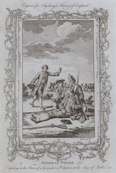 Wolfe tábornok egy gránátos karjaiban lejár és önkéntes Quebec ostrománál (metszet) alkotó: Samuel (after) Wale