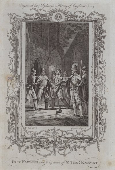 Guy Fawkest Sir Thomas Knevet parancsára lefoglalták (metszet) alkotó: Samuel (after) Wale