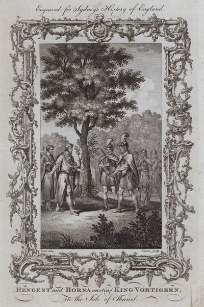 Hengest és Horsa találkozik Vortigern királlyal Thanet szigetén (metszet) alkotó: Samuel (after) Wale