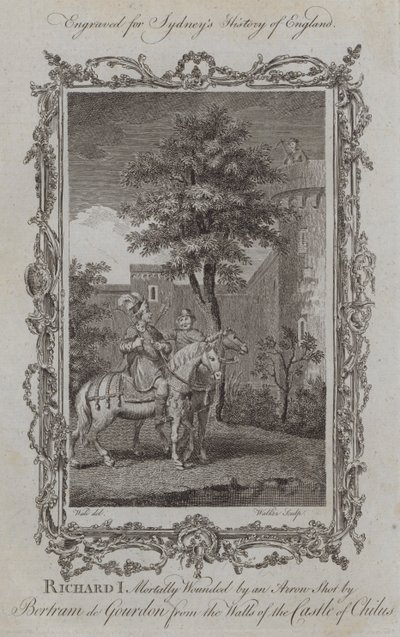 I. Richárdot halálosan megsebesítette egy nyíl, amelyet Bertram de Gourdon Chilus várának falairól lőtt ki (metszet) alkotó: Samuel (after) Wale