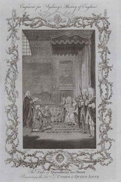 Queensberry és Dover hercege bemutatja az egyesülési okmányt Anne királynőnek (metszet) alkotó: Samuel (after) Wale