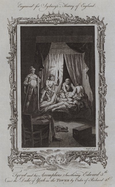 Tyrrel és társai megfojtották V. Edwardot és York hercegét a toronyban III. Richárd parancsával (metszet) alkotó: Samuel (after) Wale