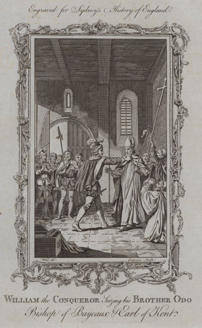 Hódító Vilmos megragadja testvérét, Odo Bayeux-i püspököt és Kent grófját (metszet) alkotó: Samuel (after) Wale