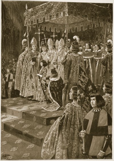 A sarkantyú és a kard bemutatása VI. Henrik koronázásakor, Szent Leonárd napján, 1429. november 6-án, a „The Illustrated London News”-ból, 1902 alkotó: Samuel Begg