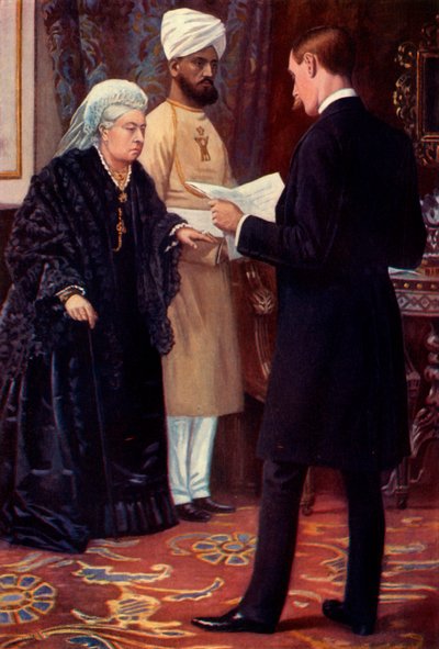 "A királynő egy küldetést hallgat a frontról", 1900. alkotó: Samuel Begg
