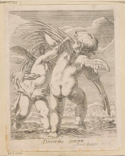 Két putti vitatkoznak egy pálmaágon Discordia Concors (cím az objektumon) Különféle minták (sorozat címe) Opera Varia Historica, Poetica & Iconologica (sorozat címe) alkotó: Samuel Bottschild