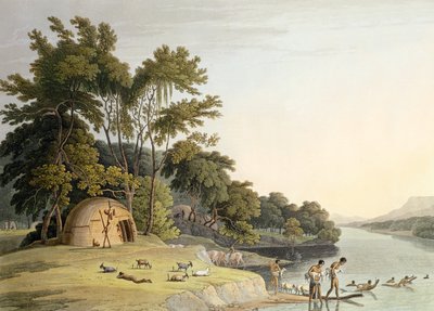 Egy Korah Hottentot falu az Orange-folyó bal partján, 1. tábla az „Afrikai tájak és állatok” című könyvből, a művész metszetével, 1804 (akvatinta) alkotó: Samuel Daniell