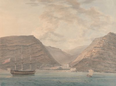A háború embere kikötve a kikötőben, hegyek a háttérben alkotó: Samuel Davis
