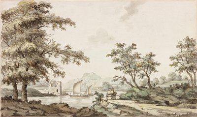 Folyó vitorlás hajókkal, lóval és szekérrel (tus (fekete) és akvarell, papír) alkotó: Samuel Henry Alken