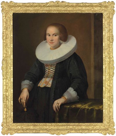 Fiatal hölgy portréja, félalakos, tollas kezében, 1636 körül (olaj, vászon) alkotó: Samuel Hofmann