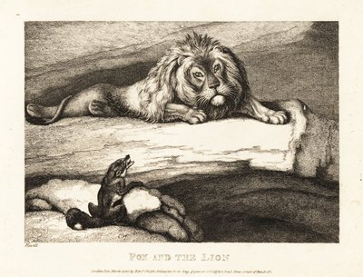 Egy róka ostobán közeledik egy hím oroszlánhoz a barlangjában. 1811 (rézkarc) alkotó: Samuel Howitt