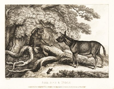 Egy majom és egy szamár addig nyög, amíg egy vakond el nem hallgattatja őket. 1811 (rézkarc) alkotó: Samuel Howitt