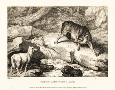 Egy farkas megpróbálja igazolni egy bárány megölését egy folyó közelében. 1811 (rézkarc) alkotó: Samuel Howitt