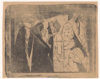 Fantázia: különféle figurák, a második balról jobbra egy foltos arcú nő alkotó: Samuel Jessurun de Mesquita (signed by artist)