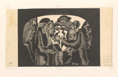 Alakcsoport egy ívben Látnoki képzelet: ív alakú figurák csoportja, felül középen egy kalapos férfi alkotó: Samuel Jessurun de Mesquita (signed by artist)