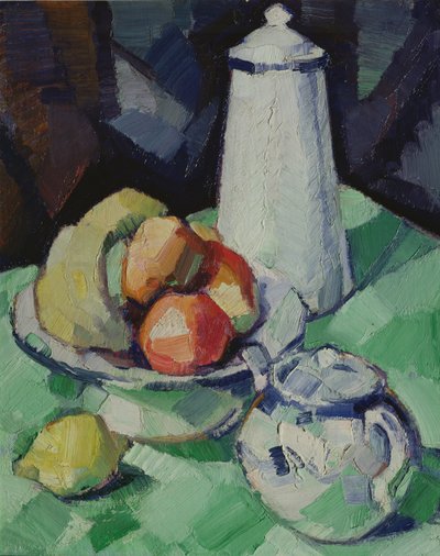 Csendélet teáskannával és gyümölccsel egy zöld terítőn, 1913 körül alkotó: Samuel John Peploe