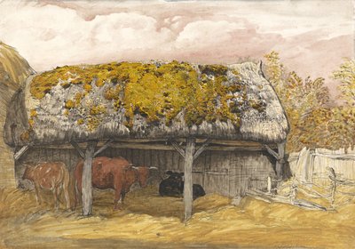Tehénkunyhó mohás tetővel, 1829 körül (toll és tinta akvarell és gouache papíron) alkotó: Samuel Palmer