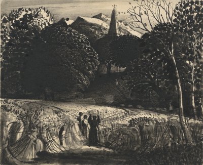 Cornfield and Church by Moonlight (ecset és fekete tinta papíron) alkotó: Samuel Palmer