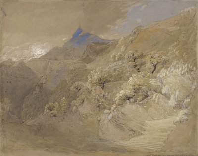 Siabod-hegy Tyn-y-Coedből, Capel Curig közelében (toll és tinta, testfesték és akvarell papíron) alkotó: Samuel Palmer